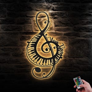 Nota musicale personalizzata, pianoforte, arte da parete in metallo, luce a LED, cartello con nome personalizzato del pianista, decorazione per la casa, sala musica, decorazione per la cameretta dei bambini, Natale
