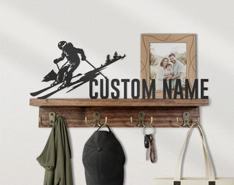 Custom Skier Wooden Floating Shelf Metal Wall Art Personalized Winter Sport Skiing Lover Gift Entryway Organizer Home Decor Key Hook Holder