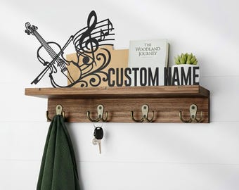 Custom Violin Wooden Floating Shelf Metal Wall Art Sign Personalized Violinist Musician Songwriter Music Teacher Gift Decor Key Hook Holder