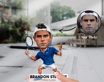 Custom Tennis Player Figurine Trinket Caricature Portrait Desk Name Plate Personalized 3D Acrylic Cartoon Sport Coach Smash Shot Plaque Gift