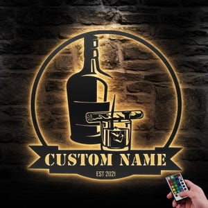 Benutzerdefinierte Bourbon Zigarre Metall Wandkunst LED Licht Personalisierte Whisky Rauch Namensschild Haus Bar Pub Dekor Cocktaildekoration Mann Höhle Weihnachten