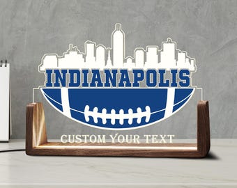 Custom Indianapolis Skyline Desk Name Plate Personalized American Football Gift LED Light Wooden Base Acrylic Office Accessories Wood Sign