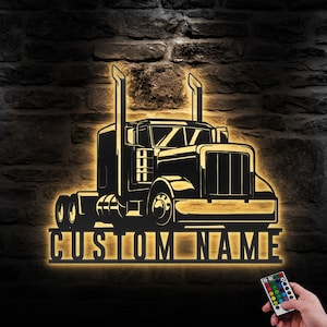 Custom Semi Truck Driver Metal Wall Art LED Light Personalized Trucker Name Sign Home Decor 18 Wheeler Decoration Big Rig Dad Christmas Gift