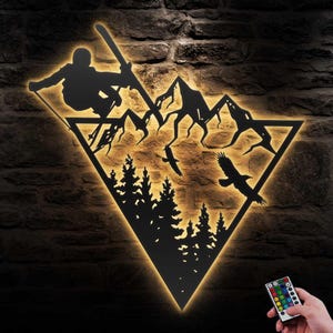 Snow Skiing Winter Sport Metal Wall Art LED Light Alpine Downhill Skier Name Sign Home Decor Snow Ski Man Cave Decoration Christmas Birthday