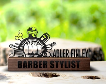 Placa de escritorio de barbero personalizada con forma de cuña, placa de identificación personalizada para peluquero, letrero de oficina, estante de mesa, placa de regalo de barbería, decoración