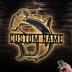 Custom Hammerhead Shark Metal Wall Art LED Light Personalized Shark Lover Name Sign Home Decor Kid Nursery Man Cave Decoration Christmas