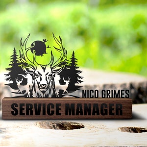 Custom Deer Hunting Desk Name Plate Wedge Personalized Hunter Nameplate Executive Office Sign Company Shelf Tabletop Antler Plaque Decor