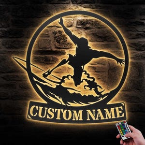 Custom Wave Surfing Metal Wall Art LED Light Personalized Surfer Riding Wave Name Sign Home Decor Surfboard Man Cave Decoration Birthday