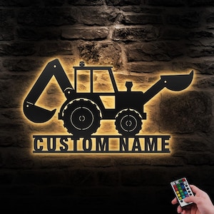 Custom Excavator Driver Metal Wall Art LED Light Personalized Excavator Digger Name Sign Home Decor Kids Room Trucks Boys Nursery Decoration