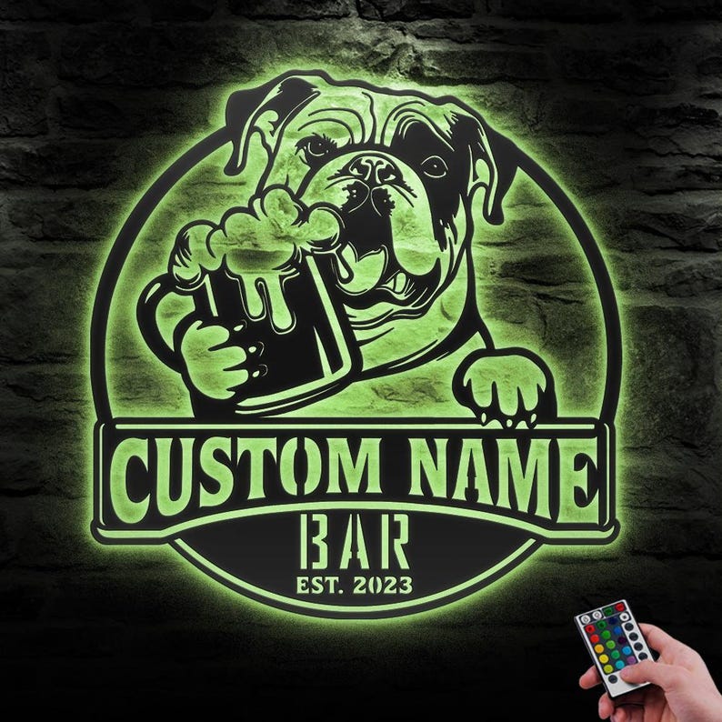 Custom English Bulldog Thirsty Beer Pub Metal Wall Art LED Light ...
