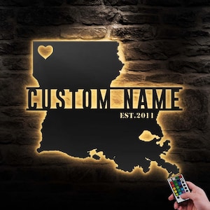 Arte de pared de metal con mapa de Luisiana personalizado, luces LED, letrero con el nombre del estado de Luisiana personalizado, decoración para el hogar, decoración de nacimiento en Luisiana, inauguración de la casa