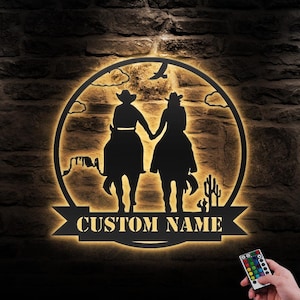 Benutzerdefinierte Cowboy Cowgirl Hand Metall Wand Kunst LED Licht Personalisierte Familien Name Zeichen Home Hochzeit Jahrestag Dekoration Paar Geschenk
