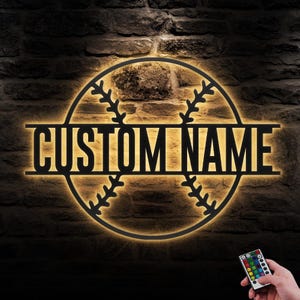 Custom Ball Baseball Metal Wall Art LED Light Personalized Softball Player Name Sign Home Decor Kid Nursery Decoration Man Cave Dad Birthday