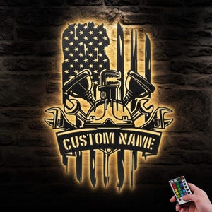 Custom US Flag Plumbing Tool Metal Wall Art LED Light Personalized American Plumber Name Sign Home Decor Repair Service Decoration Repairman