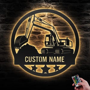 Custom Excavator Driver Metal Wall Art LED Light Personalized Heavy Equipment Name Sign Home Decor Construction Decoration Man Cave Dad Gift