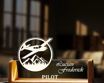 Custom Airplane Desk Name Plate Personalized Pilot LED Light Wooden Base Acrylic  Office Accessories Wood Name Sign Decor Gift