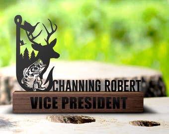 Custom Deer Hunting And Fishing Desk Name Plate Wedge Personalized Hunter Nameplate Office Sign Company Shelf Tabletop Antler Plaque Decor