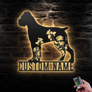 Custom FLoral Cane Corso Metal Wall Art LED Light Personalized WildFlower Dog Name Sign Home Decor Pet Animal Decoration Birthday Christmas