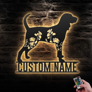 Custom FLoral Black and Tan Coonhound Metal Wall Art LED Light Personalized WildFlower Dog Name Sign Home Decor Pet Animal Decoration