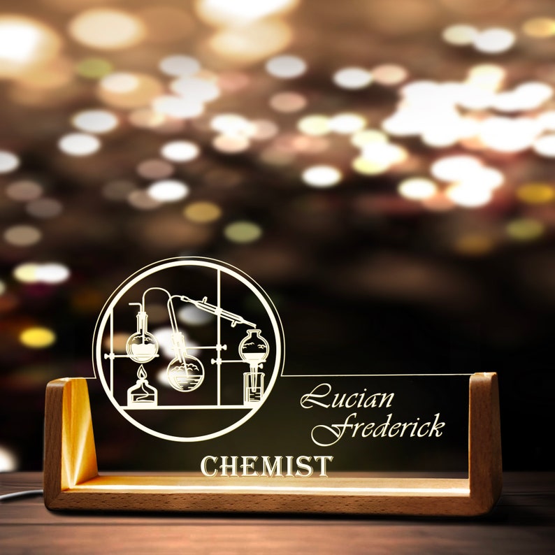 Custom Chemistry Teacher Desk Name Plate Personalized Chemistr LED Light Wooden Base Acrylic Office Accessories Wood Name Sign Decor Gift image 8