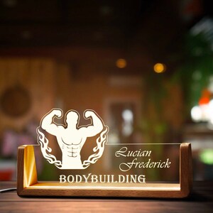 Custom Bodybuilding Workout Desk Name Plate Personalized LED Light Wooden Base Acrylic Office Accessories Wood Name Sign Decor Gift zdjęcie 6