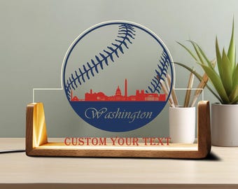 Custom Washington Baseball City Skyline Desk Name Plate Personalized Acrylic LED Light Wooden Base Sport Fan Gift Office Tabletop Sign Decor