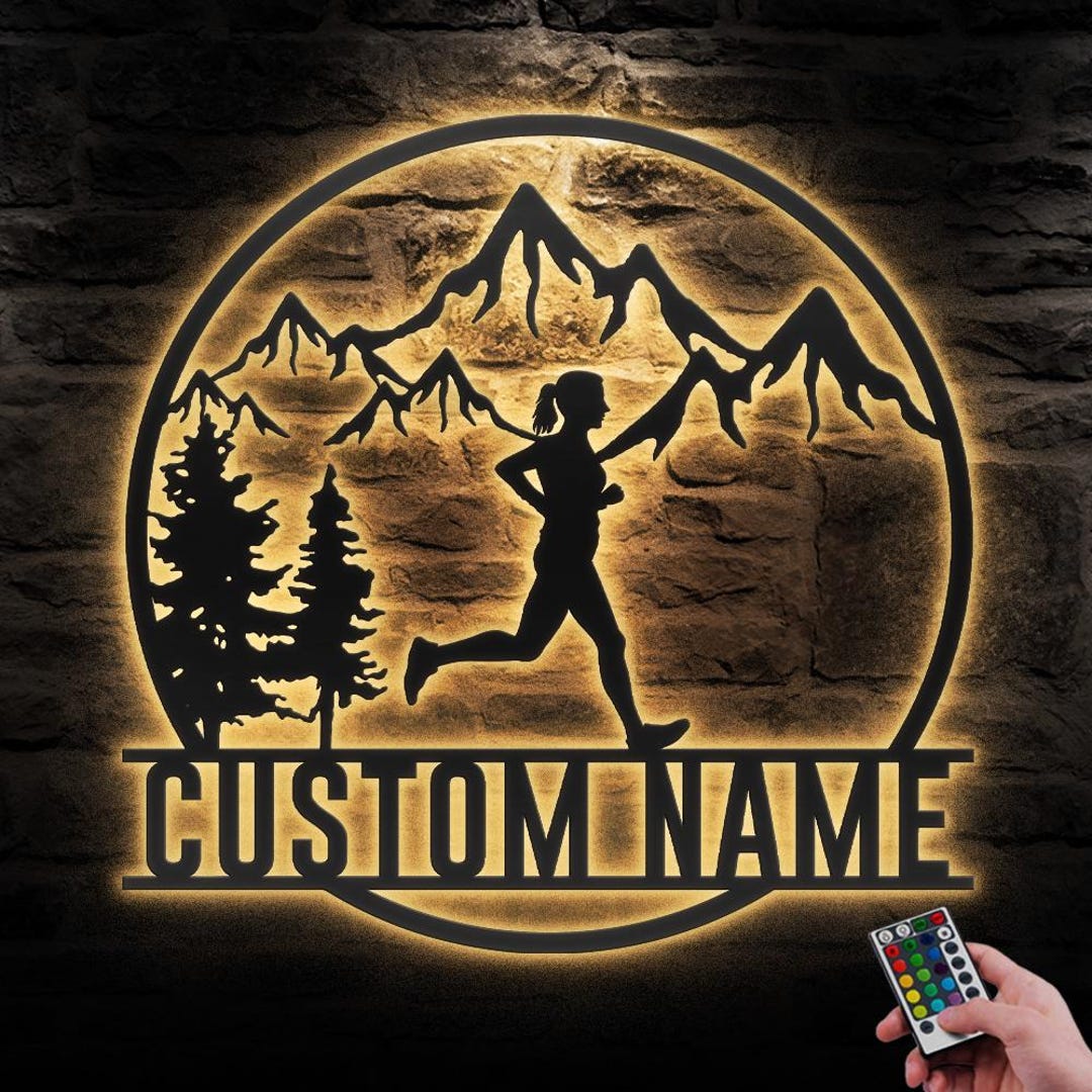 Custom Female Trail Running Metal Wall Art LED Light Personalized Girl ...