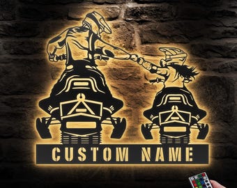 Custom Father Daughter Snowmobile Metal Wall Art LED Light Personalized Ski-Doo Name Sign Home Decor Motor Sled Biker Man Cave Decoration