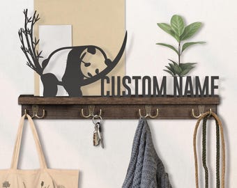 Custom Cute Panda Wooden Floating Shelf Metal Wall Art Sign Personalized Funny Panda Lover Gift Entryway Organizer Home Decor Key Holder