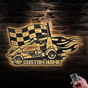 Custom Sprint Car Racing Flag Metal Wall Art LED Lights Personalized Racer Name Sign Home Decor Car Racing Decoration Man Cave Christmas