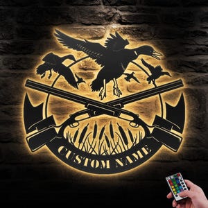 Custom Duck Hunting Metal Wall Art LED Light Personalized Hunter Name Sign Home Decor Duck Cabin Decoration Man Cave Dad Christmas Gift