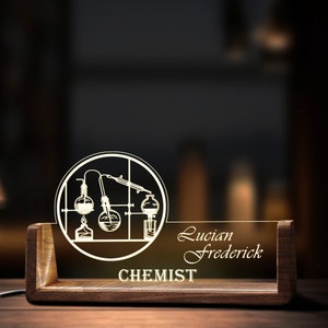 Custom Chemistry Teacher Desk Name Plate Personalized Chemistr LED Light Wooden Base Acrylic Office Accessories Wood Name Sign Decor Gift image 3