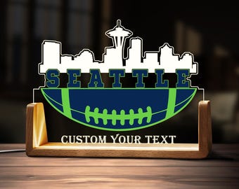 Plaque nominative personnalisée pour bureau Seattle Skyline, cadeau de football américain personnalisé, lumière LED, base en bois, accessoires de bureau en acrylique, décoration de panneau en bois