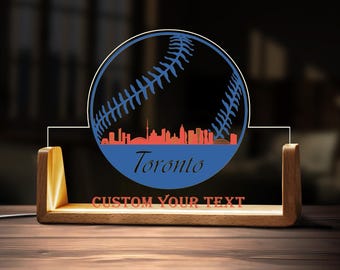 Custom Toronto Baseball City Skyline Desk Name Plate Personalized Acrylic LED Light Wooden Base Sport Fan Gift Office Accessories Sign Decor