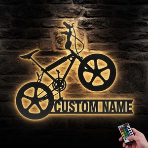 Custom BMX Bike Metal Wall Art LED Light Personalized Bicycle Racing Name Sign Home Decor Biker Man Cave Decoration Kid Nursery Christmas