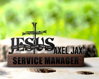 Custom Jesus Cross Desk Name Plate Wedge, Personalized Christian Nameplate Office Sign Company Shelf Tabletop Plaque Faith God Decor Gift