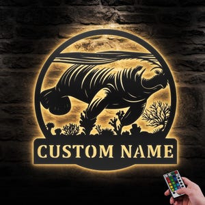 Custom Manatee Metal Wall Art LED Light Personalized Manatee Lover Name Sign Home Decor Ocean Sea Animal Nursery Decoration Birthday Xmas