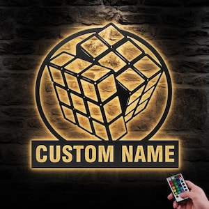 Custom Rubik&#39;s Cube Metal Wall Art LED Light Personalized Rubik Gamming Name Sign Home Decor Puzzle Cube Game Zone Decoration Gamer Xmas