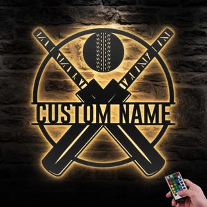 Mazza da cricket personalizzata, arte da parete in metallo con luce a LED, cartello con nome del giocatore di cricket personalizzato, decorazione per la casa, regali di compleanno e di Natale per la caverna dell&#39;uomo