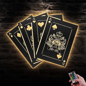 Letrero de metal para pared con luz LED y diseño de cartas de póquer Ace personalizadas para casino, decoración para el hogar, zona de juegos, inauguración de la casa para jugadores