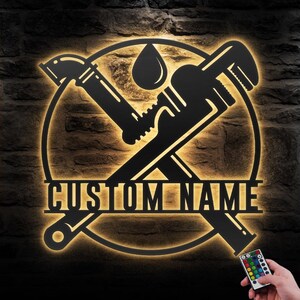 Custom Plumbing Metal Wall Art LED Light Personalized Plumber Name Sign Home Decor Repair Service Decoration Repairman Man Cave Dad Birthday