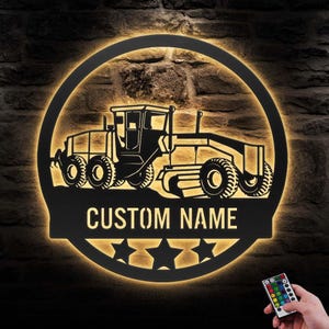 Custom Road Grader Metal Wall Art LED Light Personalized Heavy Equipment Name Sign Home Decor Construction Decoration Garage Repairman Gift