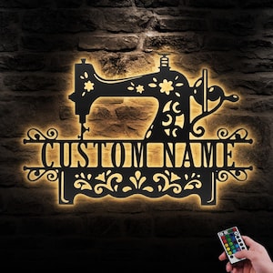 Custom Sewing Machine Metal Wall Art LED Light Personalized Tailor Shop Name Sign Home Decor Sewer Sewing Tailoring Decoration Christmas