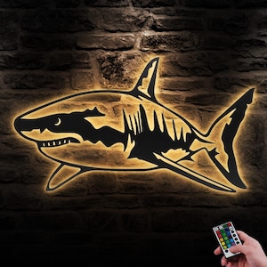 Great White Shark Metal Wall Art LED Light Shark Lover Name Sign Home Decor Kid Nursery Man Cave Decoration Birthday Housewarming Christmas