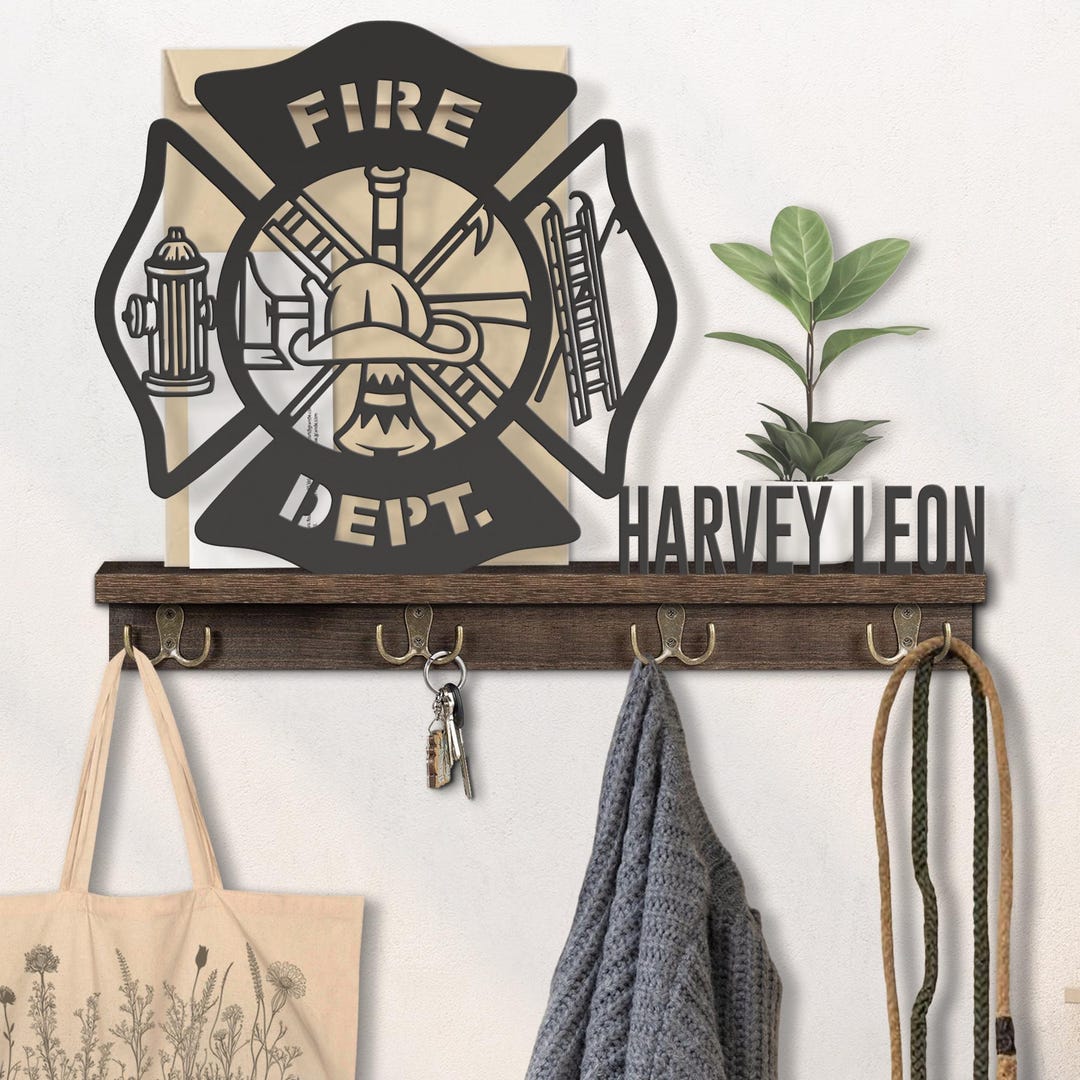 Custom Firefighter Wooden Floating Shelf With Hooks Personalized ...