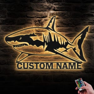 Custom Great White Shark Metal Wall Art LED Light Personalized Shark Lover Name Sign Home Decor Boy Girl Nursery Decoration Christmas Gifts