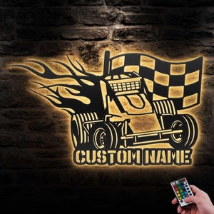 Custom Sprint Car Racing Flag Metal Wall Art LED Lights Personalized Racer Name Sign Home Decor Car Racing Decoration Man Cave Christmas