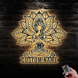 Custom Mandala Yoga Girl Metal Wall Art with LED Light Personalized Namaste Name Sign Home Decor Yoga Room Decoration Hanging Door Xmas Gift
