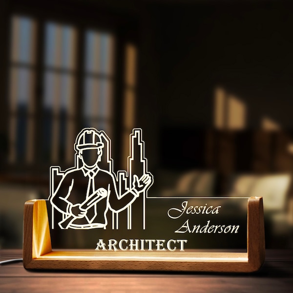 Custom Architect Desk Name Plate Personalized Architecture LED Light Wooden Base Acrylic Office Accessories Wood Name Sign Decor Boss Gift