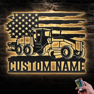 Custom US Road Grader Metal Wall Art LED Light Personalized Heavy Equipment Name Sign Home Decor Construction Decoration Garage Repairman